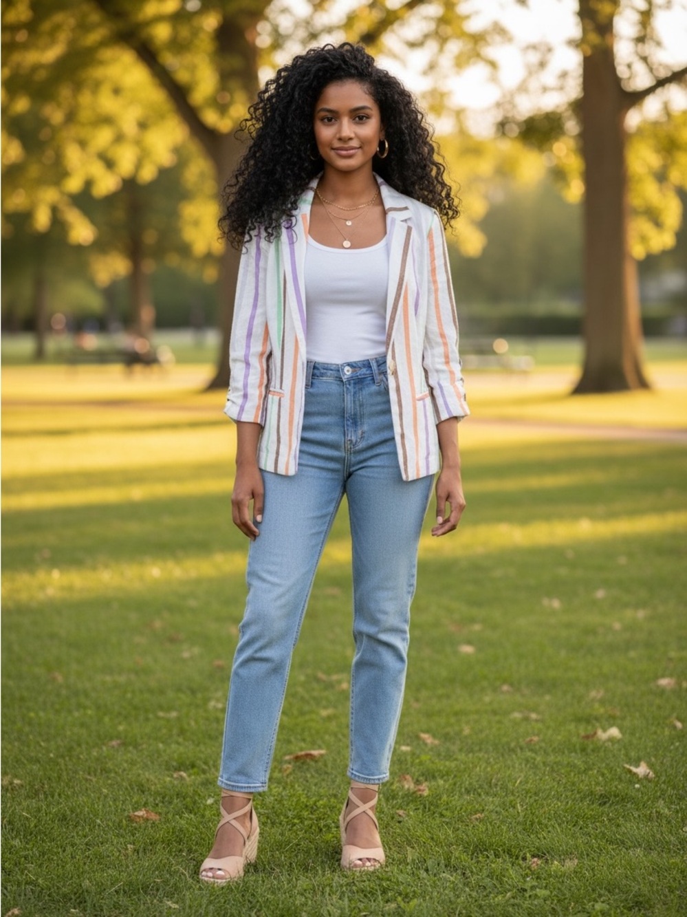 NWT ModCloth M white rainbow stripe‎ open linen blend crop 3/4 sleeve blazer